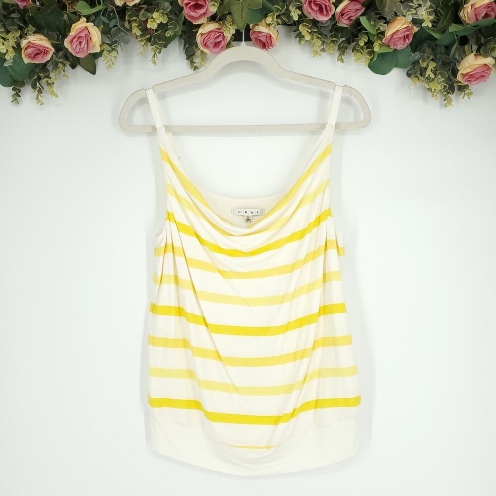 CAbi White and Yellow Striped Cowl Neck Tank Top Style 319 Size Small